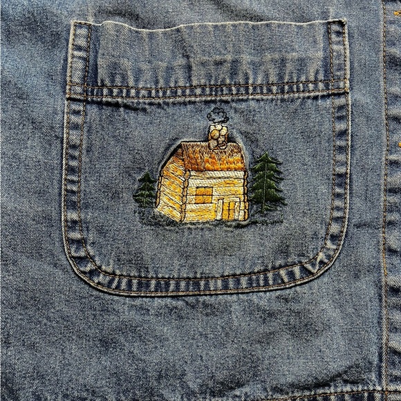 VTG Denim Embroidered Moose Pine Cones Canoe Cottage Chore Jacket XL - Picture 5 of 9
